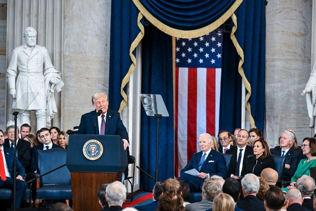 President Donald Trump speaks after being sworn in at his inauguration in the U.S. Capitol Rotunda on Jan. 20, 2025.
