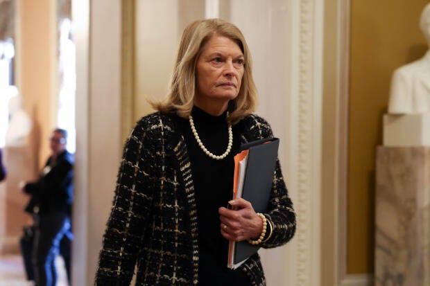 Sen. Lisa Murkowski of Alaska heads to the Senate chamber on Jan. 22, 2025, in Washington, D.C.