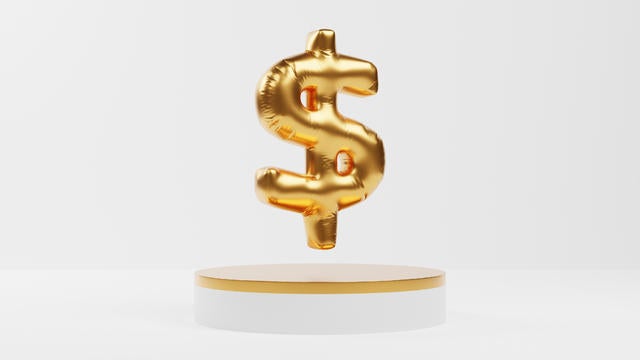 gold dollar currency balloon with pedestal or podium display on white background, 3d rendering 