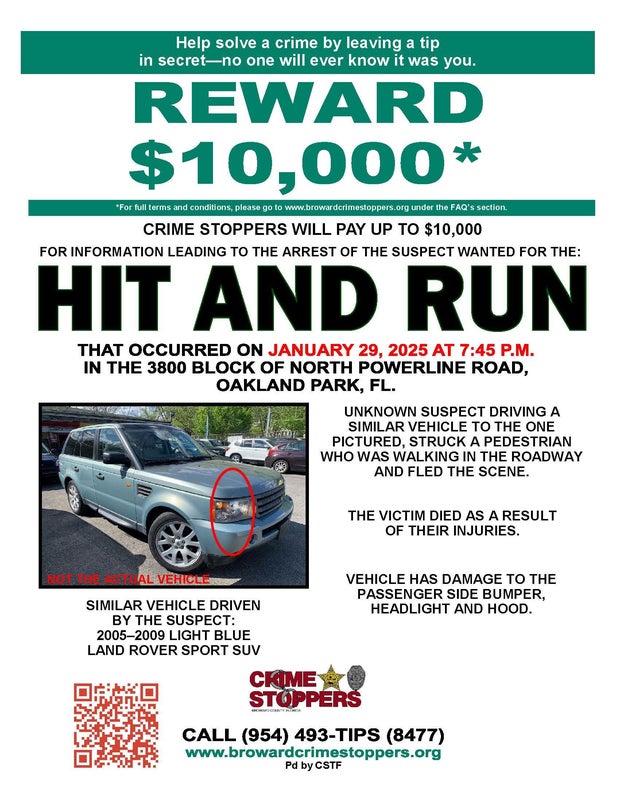 Suspect sought in death of 80-year-old woman struck by hit-and-run driver in Broward