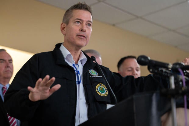 Secretary of Transportation Sean Duffy speaks at a press conference with other officials to give updates following a collision between an American Airlines plane and an Army helicopter in Washington, DC on January 30, 2025. 