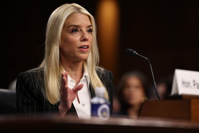 Pam Bondi testifies before the Senate Judiciary Committee during her confirmation hearing on Capitol Hill on Jan. 15, 2025, in Washington, D.C.  