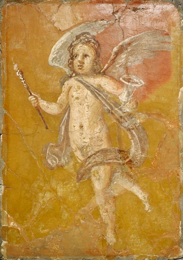 Roman fresco depicting Cupid with a torch and a kantharos. 