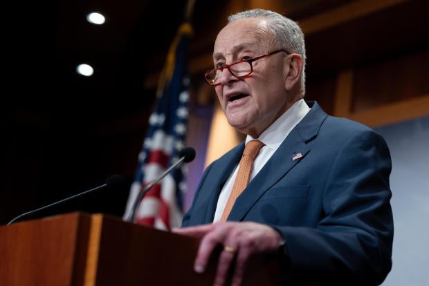 Senate Minority Leader Chuck Schumer speaks at a press conference with House Minority Leader Hakeem Jeffries on Democratic efforts to combat DOGE in Washington, D.C., on Feb. 4, 2025. 