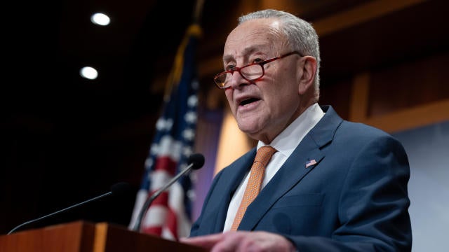 Senate Minority Leader Chuck Schumer speaks at a press conference with House Minority Leader Hakeem Jeffries on Democratic efforts to combat DOGE in Washington, DC on February 4, 2025. 