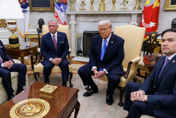 President Trump speaks during a meeting with Jordan's King Abdullah II in the Oval Office of the White House in Washington, D.C., on Feb. 11, 2025. 