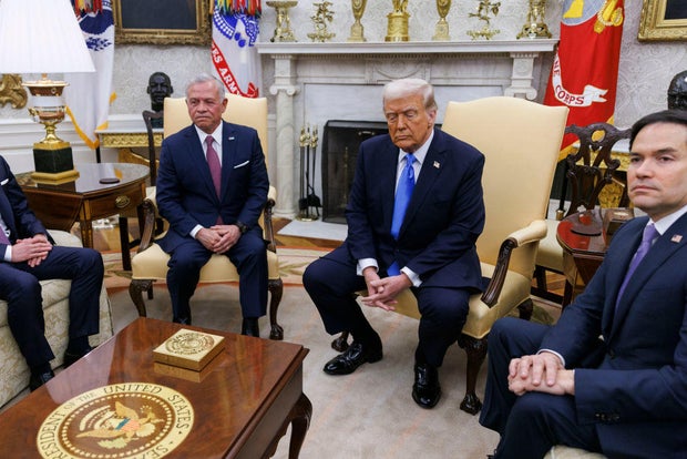 President Trump speaks during a meeting with Jordan's King Abdullah II in the Oval Office of the White House in Washington, D.C., on Feb. 11, 2025.