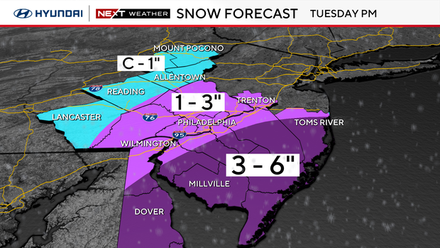 Snow totals forecast for Tuesday 