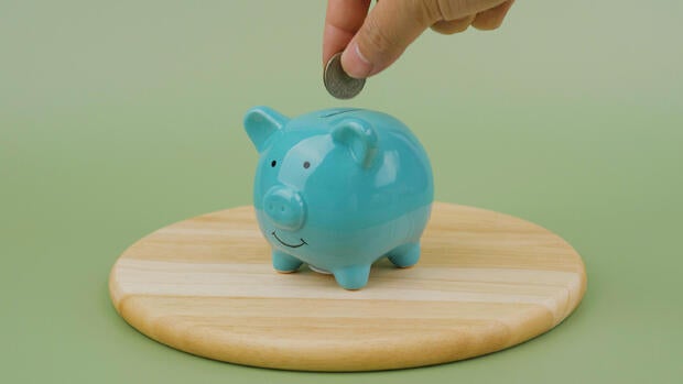 Saving coins in a piggy bank, income from working to earn money, generating income and investing in finance. 