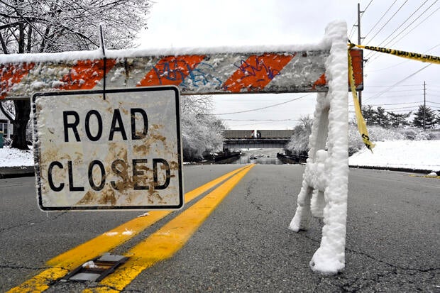 A road is closed due to flooding in Louisville, Kentucky, on Feb. 16, 2025. 