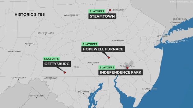 A map showing the locations of National Park sites where workers were laid off -- 5 at Steamtown in Scranton, 5 at Hopewell Furnace near Reading, 5 at Gettysburg, 2 at Independence Park in Philadelphia 