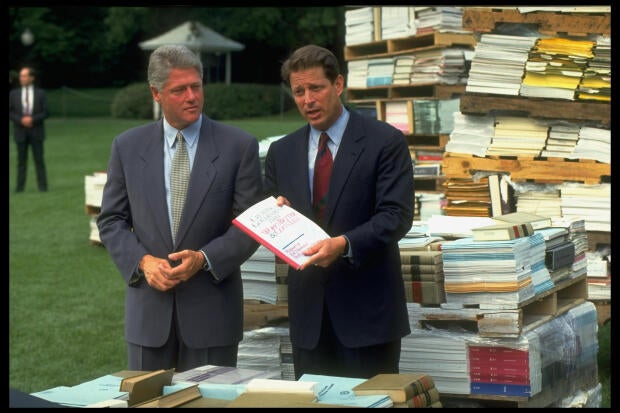 Pres. Bill Clinton and Vice President Al Gore present the report of the National Performance Review at the White House on Sept. 7, 1993. 