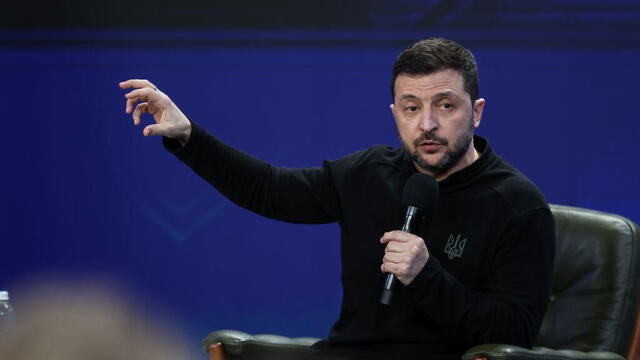 Ukrainian President Volodymyr Zelenskyy gives a press conference on Feb. 23, 2025, in Kyiv. 