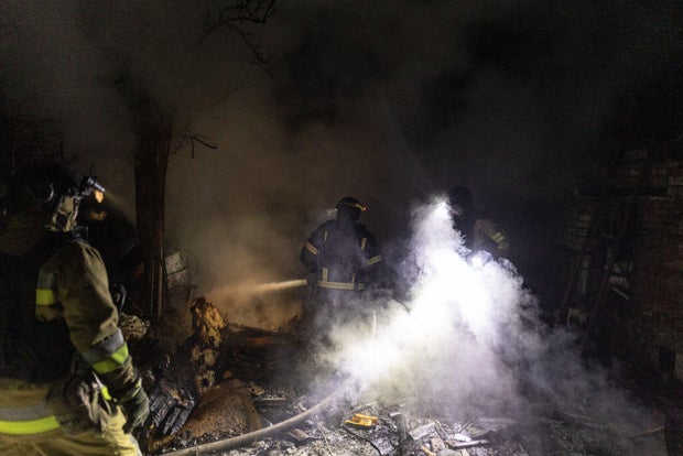 Ukrainian firefighters respond to fire after Russian shelling in Costiantinivica