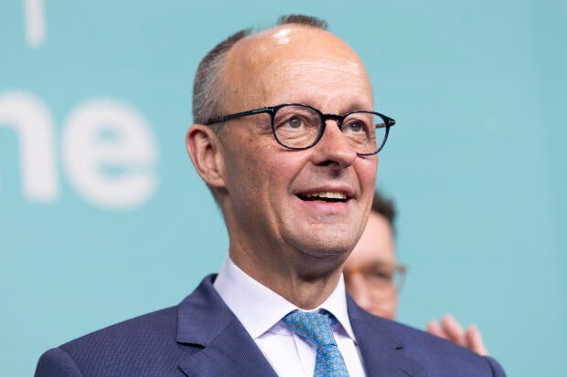 Friedrich Merz, chancellor candidate of Germany's Christian Democrats, reacts following the announcement of initial results in snap federal parliamentary elections Feb. 23, 2025, in Berlin, Germany.