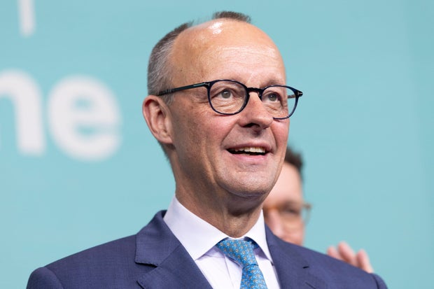 Friedrich Merz, chancellor candidate of Germany's Christian Democrats, reacts following the announcement of initial results in snap federal parliamentary elections Feb. 23, 2025, in Berlin, Germany.