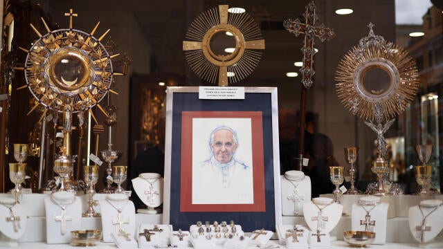 An image of Pope Francis is displayed in a shop in Rome on Feb. 26, 2025, as he continues his hospitalization. 