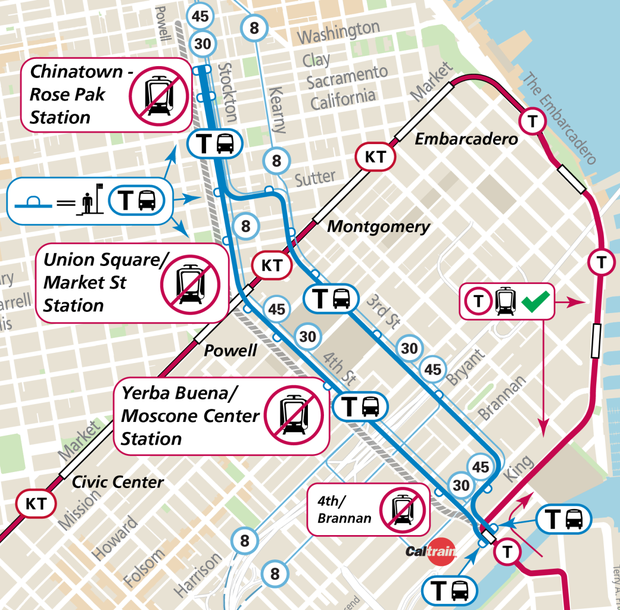 Central Subway closure map 