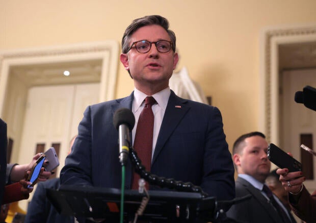 Speaker of the House Mike Johnson delivers remarks after the House passed the Republican budget resolution at the U.S. Capitol on Feb. 25, 2025. 