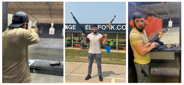 Photos included in an affidavit allegedly showing Mansuri Manuchekhri posing with firearms at shooting ranges.