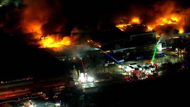 Chopper image of the fire burning at SPS Technologies factory