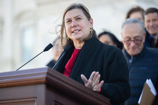 Sen. Elissa Slotkin speaks at a press conference with other Democratic senators on priorities for the 119th Congress in Washington, D.C., on Jan. 9, 2025.