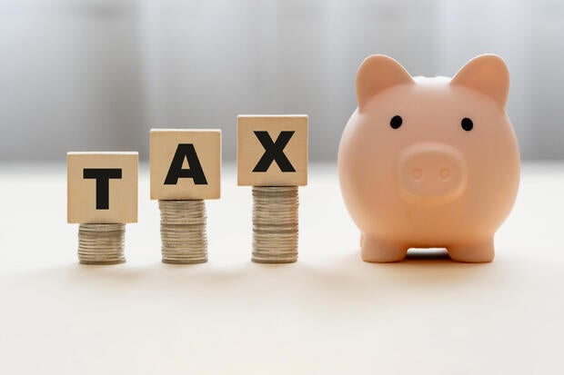 Pink piggy bank and wooden blocks with the word TAX on stack of coins. The concept about saving money and manage time to paying tax. Requesting tax deduction. 