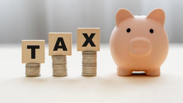 Pink piggy bank and wooden blocks with the word TAX on stack of coins. The concept about saving money and manage time to paying tax. Requesting tax deduction. 