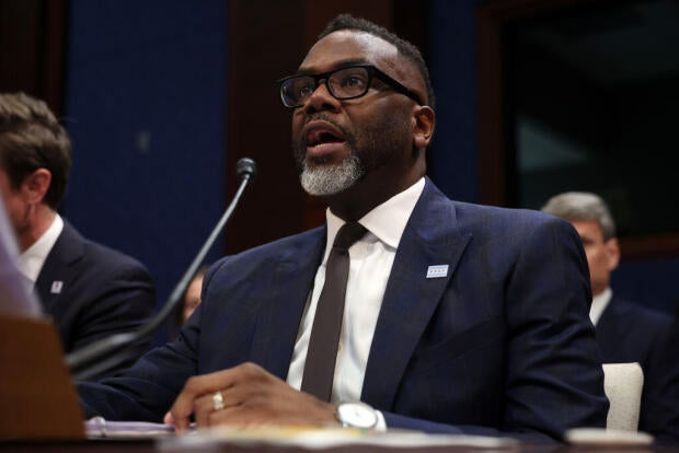 Chicago Mayor Brandon Johnson testifies at a House Oversight Committee hearing on sanctuary cities at the U.S. Capitol in Washington, D.C., on March 5, 2025. 