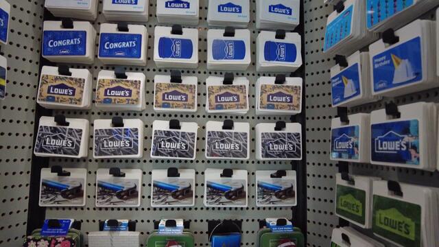 Lowe's gift cards on display inside a store 