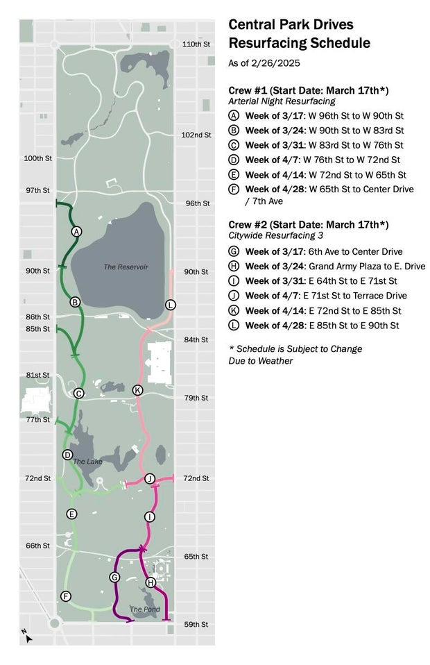 The repaving schedule for the southern section of the Central Park drives, weather permitting. 