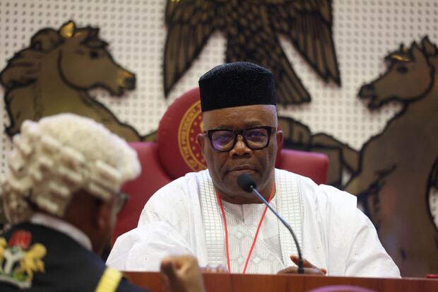 Nigerian Senate President Godswill Akpabio reacts after emerging as the leader of the chamber in Abuja, Nigeria