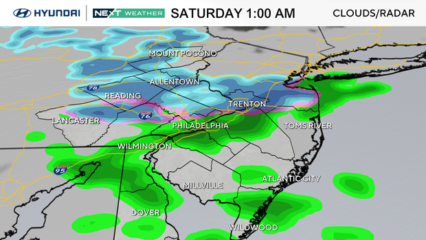 A weather map showing a rainstorm over Philadelphia Saturday at 1 a.m., snow possible farther north 