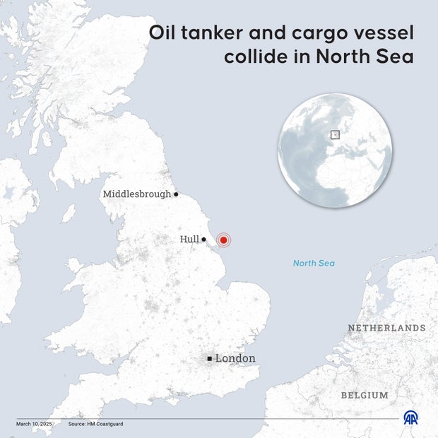 Oil tanker and cargo vessel collide in North Sea