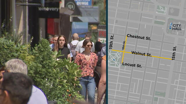 People walking in Rittenhouse Square; a map showing where roads will be closed to cars 