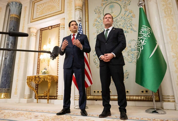 Secretary of State Marco Rubio and National Security Advisor Mike Waltz speak with the media after meetings with a Ukrainian delegation in Jeddah, Saudi Arabia, on March 11, 2025. 