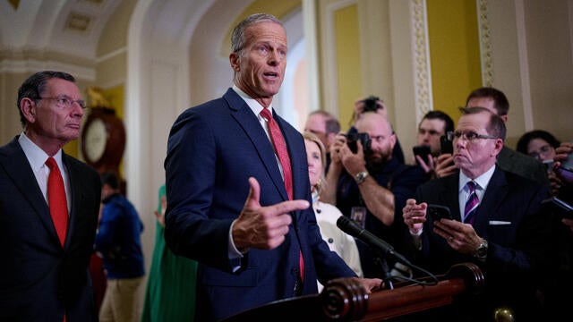 Senate Majority Leader John Thune speaks to reporters following a weekly Republican policy luncheon at the U.S. Capitol on February 19, 2025 in Washington, DC. 