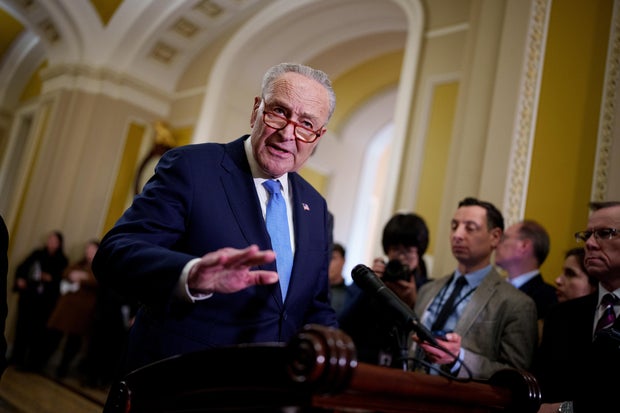 Senate Minority Leader Chuck Schumer speaks to reporters following a weekly Senate Democratic policy luncheon at the U.S. Capitol on Feb. 19, 2025, in Washington, D.C.