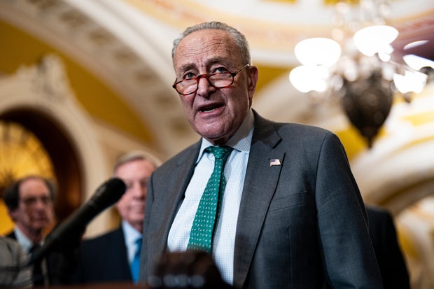 Senate Minority Leader Chuck Schumer speaks during a news conference following the weekly Senate Democrat policy luncheon at the Capitol in Washington, D.C., on Tuesday, March 11, 2025.