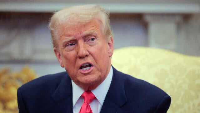 President Trump answers questions while meeting with Irish Taoiseach Micheál Martin in the Oval Office at the White House in Washington, D.C., on March 12, 2025. 