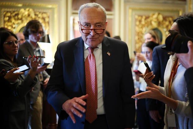 Senate Minority Leader Chuck Schumer leaves the Democratic caucus lunch at the U.S. Capitol on March 13, 2025 in Washington, DC. 