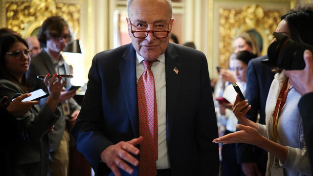 Senate Minority Leader Chuck Schumer leaves the Democratic caucus lunch at the U.S. Capitol on March 13, 2025 in Washington, DC. 