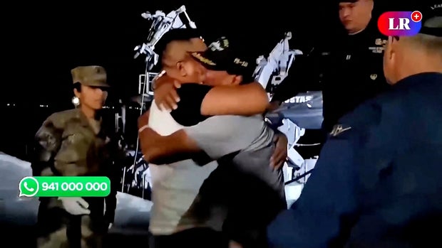 Peruvian fisherman Maximo Napa, who spent 95 days lost in the Pacific Ocean before being rescued by an Ecuadorian fishing patrol, reunites with his brother after being rescued in Paita 