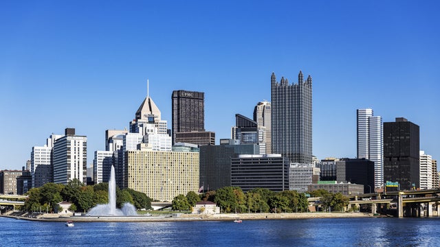 City skyline and Point State Park in Pittsburgh. 