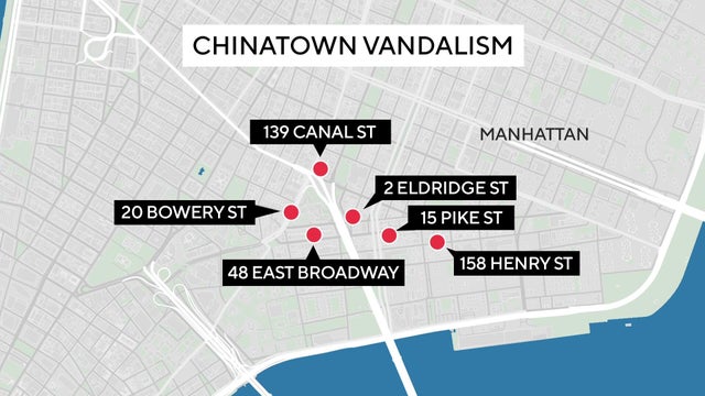 A map showing six locations targeted in a string of vandalism attacks in Chinatown. 