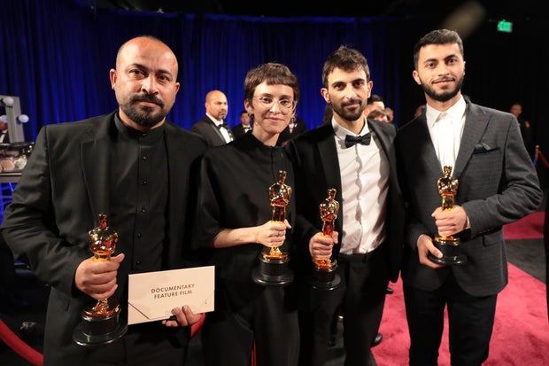 From left, Hamdan Ballal, Rachel Szor, Basel Adra and Yuval Abraham attend the 97th annual Oscars at Dolby Theatre on March 2, 2025