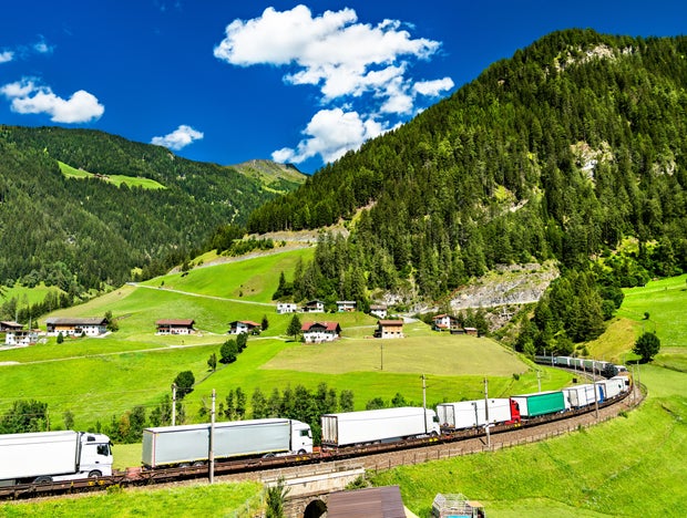 Trucks crossing the Alps by rail in Austria 