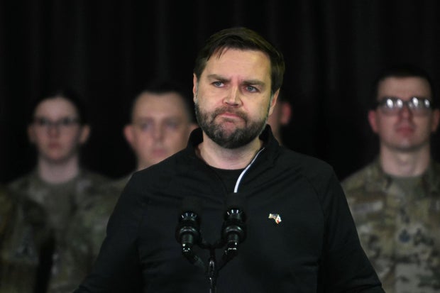 Vice President JD Vance listens as he speaks at the U.S. military's Pituffik Space Base in Greenland on March 28, 2025.