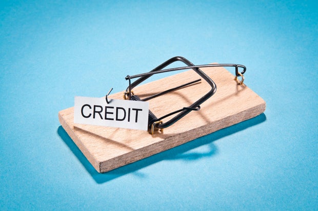 Temptation, credit trap isolated on blue 