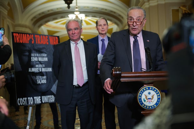 Sens Tim Kaine, Ron Wyden, and Senate Minority Leader Chuck Schumer speak to reporters following the weekly Democratic Senate policy luncheon at the U.S. Capitol on April 01, 2025 in Washington, DC. 
